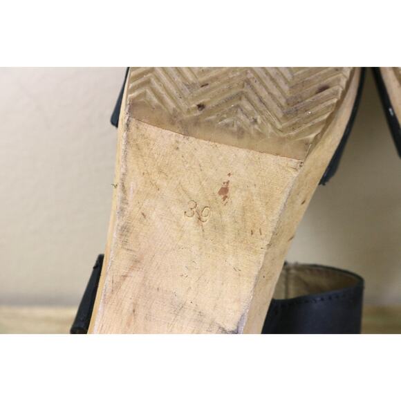 Moheda Sweden Victoria Clogs 8.5 Black Leather Wooden Peep Toe Heeled Sandals - Picture 8 of 11